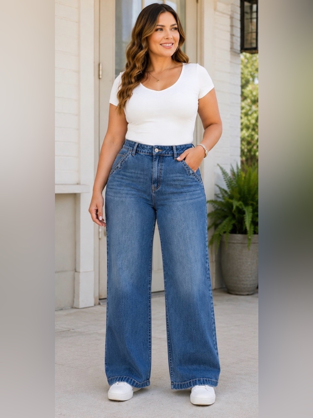 Flamingals Womens XL High Rise Wide Leg Stretch Jeans Medium Wash Patch Pockets